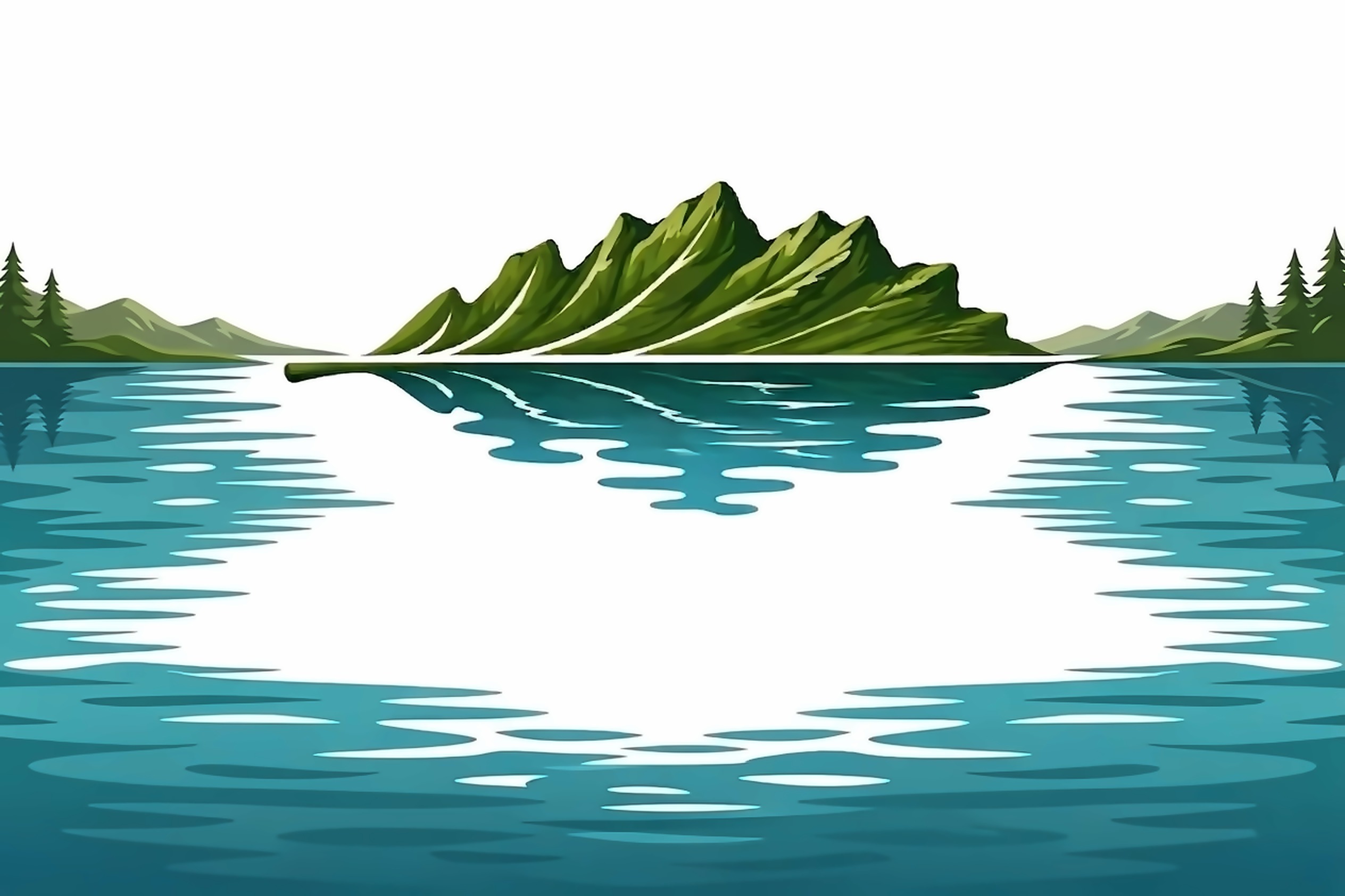 A green mountain shaped like a leaf, reflected in calm teal water